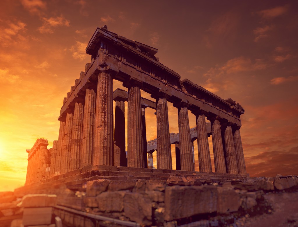 Parthenon temple on a sunset, toned panoramic image Acropolis in Athens, Greece